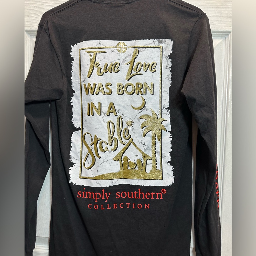 Simply Southern Black Long Sleeve Tee with White and Gold Nativity Graphic